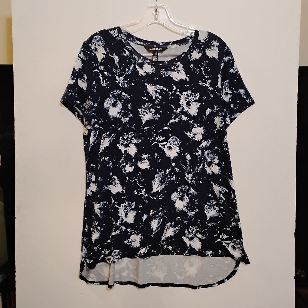 ELLEN TRACY Women's Dark Blue and White Printed Viscose-Elastin Top M